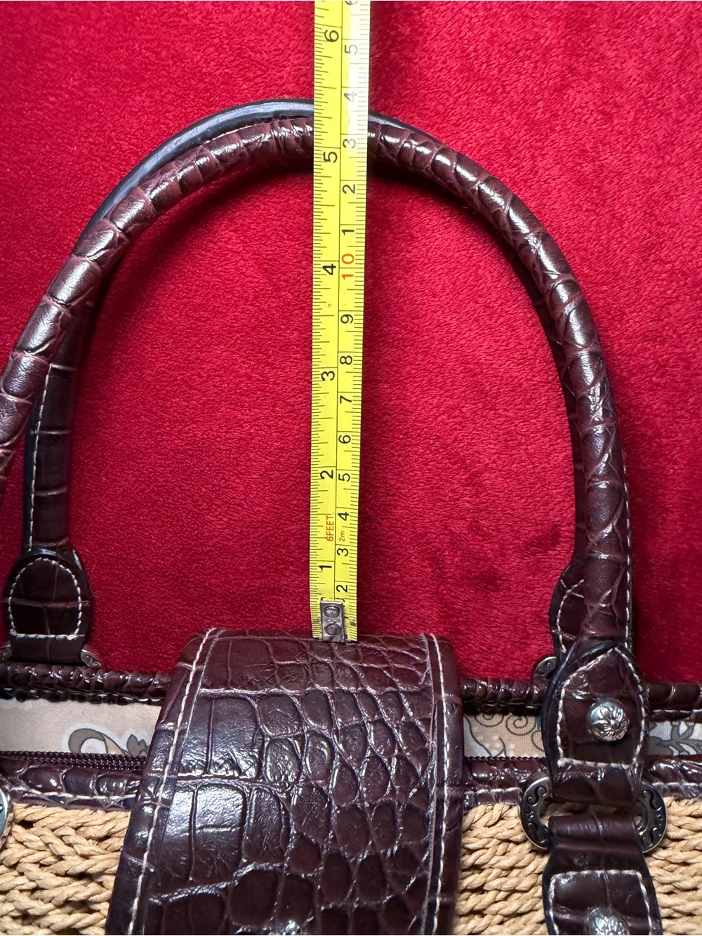 Vintage Boho Beach Woven Straw Tote Croc Trim Paisley Lining Trendy - Picture 4 of 10